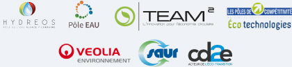 logos Pôle Hydreos, Pôle Eau, écotechnologie, Veolia et Saur